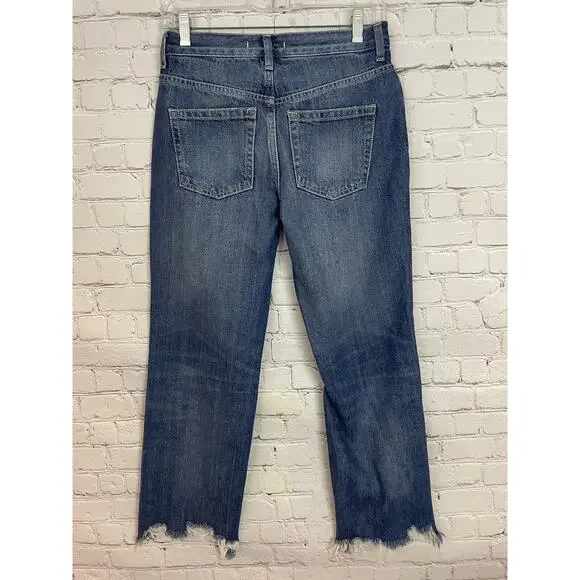 Free People Maggie Midrise Jeans Sequoia Blue Size 25 28x27 Distressed Hem Raw - Picture 6 of 11